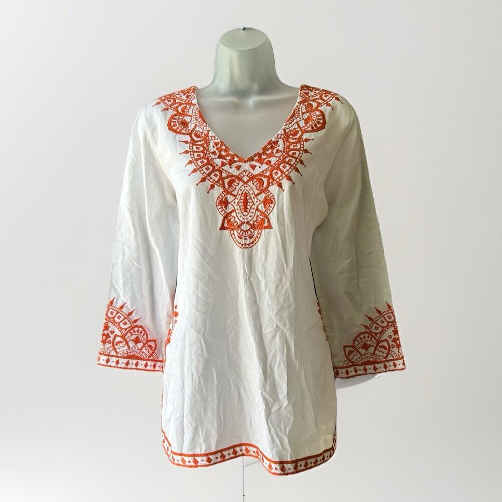 Sigrid Olsen Embroidered Tunic Top Women's Size Medium Boho Peasant Coastal Chic